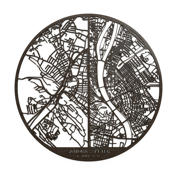 A wooden map of two cities