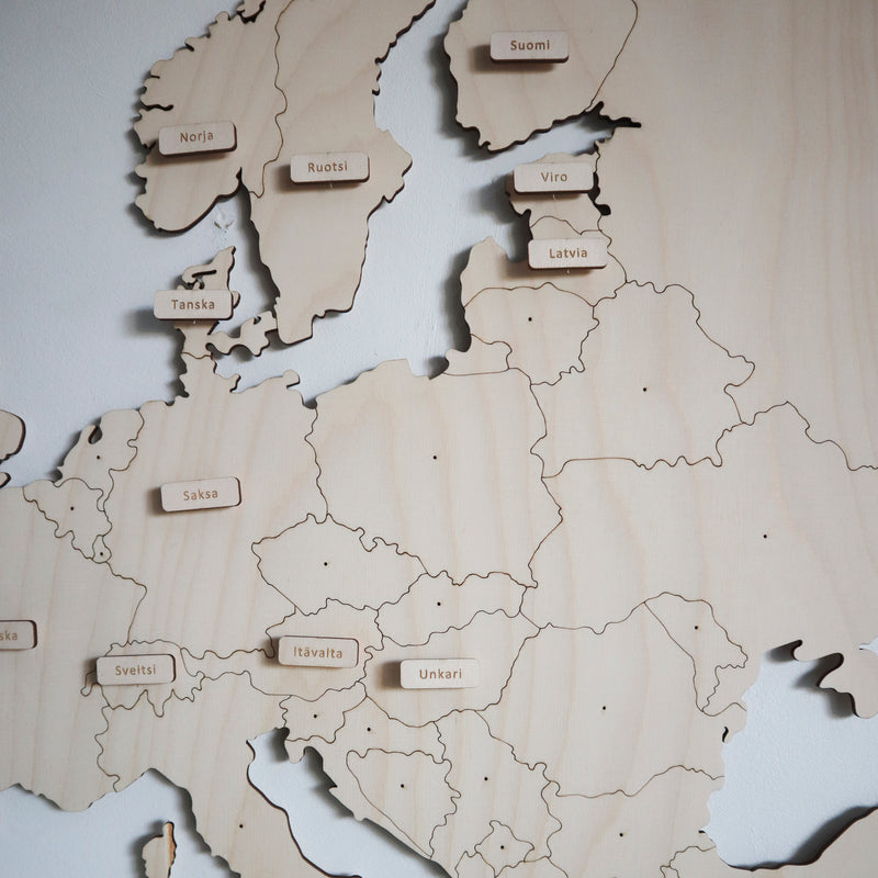 Wooden map of Europe with push pins