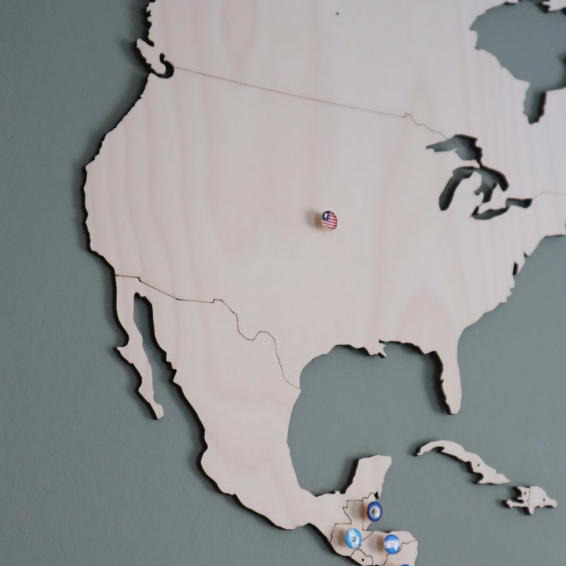 Wooden world map XL with flag pins